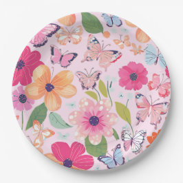 Plato De Papel Jardín floral rosado de bonito