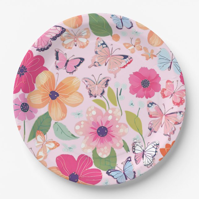 Plato De Papel Jardín floral rosado de bonito (Anverso)