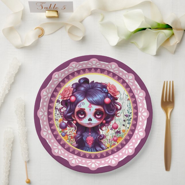 Plato De Papel Jardín Gótico Bonito Calavera de Azúcar (Boda)