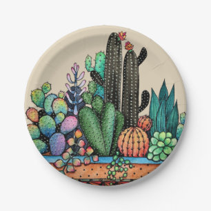 Plato De Papel Jardín lindo del cactus de la acuarela en pote
