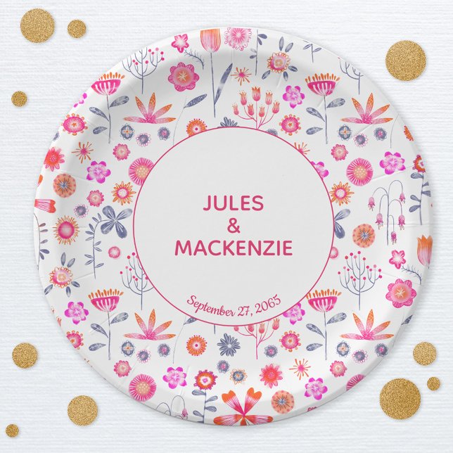 Plato De Papel Jardín moderno de flores rosadas Boho (Modern floral pink wedding party paper plates)