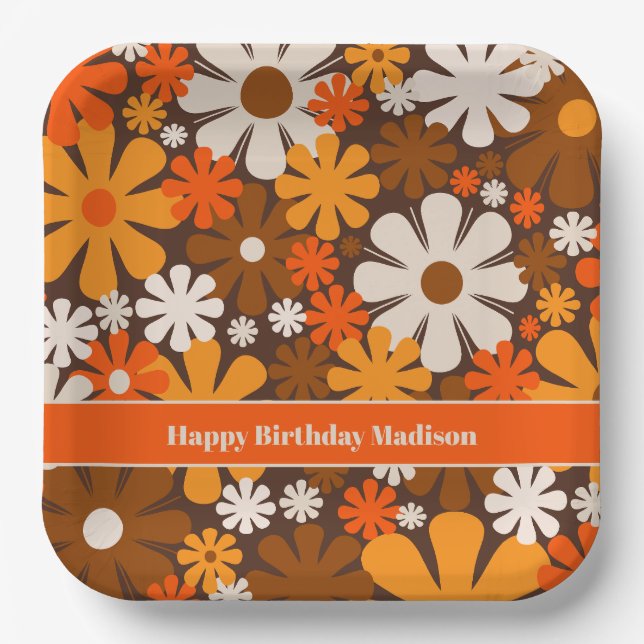 Plato De Papel Jardín Retro Años 70 60 Marrón y Naranja Estampado (Anverso)