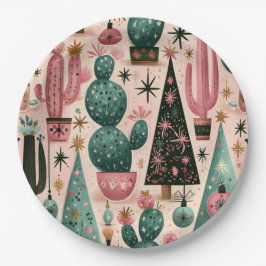Plato De Papel Jardín Retro de Cactus de Navidad del Suroeste
