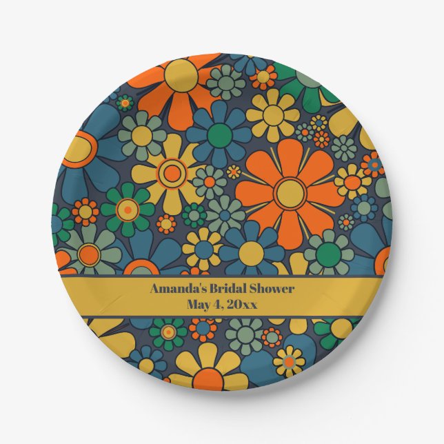 Plato De Papel Jardín Retro Floral Groovy Despedida de Soltera Añ (Anverso)