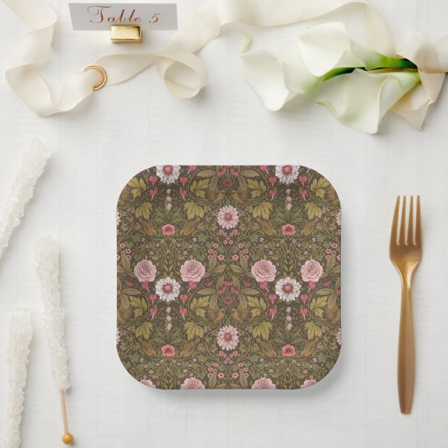 Plato De Papel Jardín salvaje sobre café marrón (Boda)