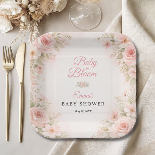 Plato De Papel Jardín sonrojado, bebé en flor, floral rosa