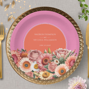Plato De Papel Jardín Sunrise Naranja Rosa Boda floral moderna