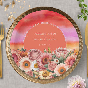 Plato De Papel Jardín Sunrise Naranja Rosa Boda floral moderna