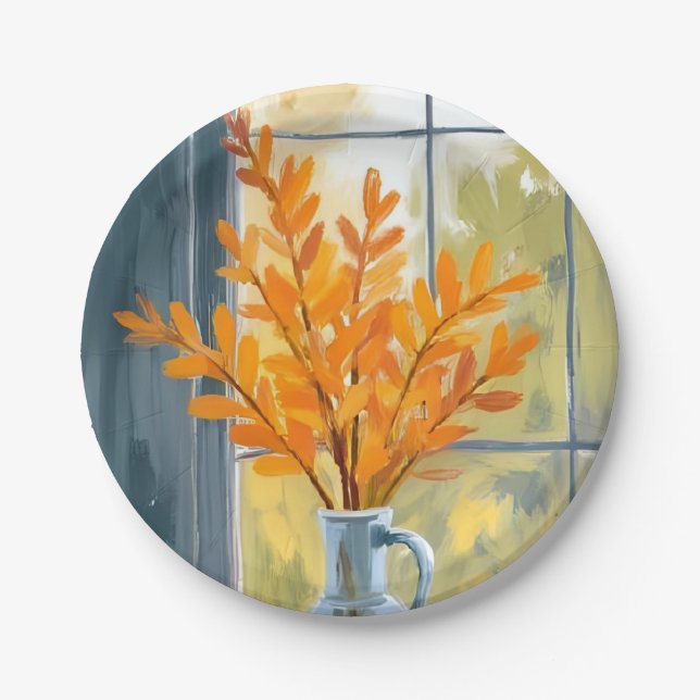 Plato De Papel Jarrón de flores de otoño acuarela (Anverso)