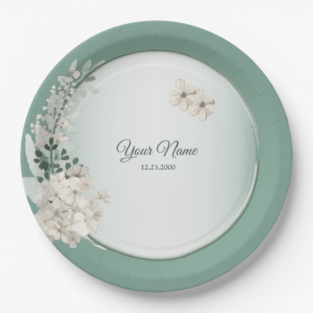 Plato De Papel Jasmine Floral Green Geometric Wedding Party (Anverso)