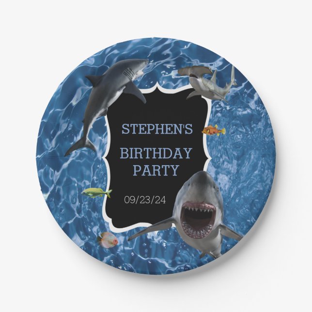 Plato De Papel Jaw-some Great White Sharthday cumpleaños (Anverso)