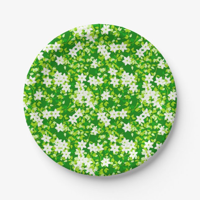 Plato De Papel Jazmín blanco con hojas verdes (Anverso)