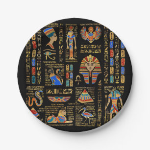 Plato De Papel Jeroglíficos y deidades egipcios en negro