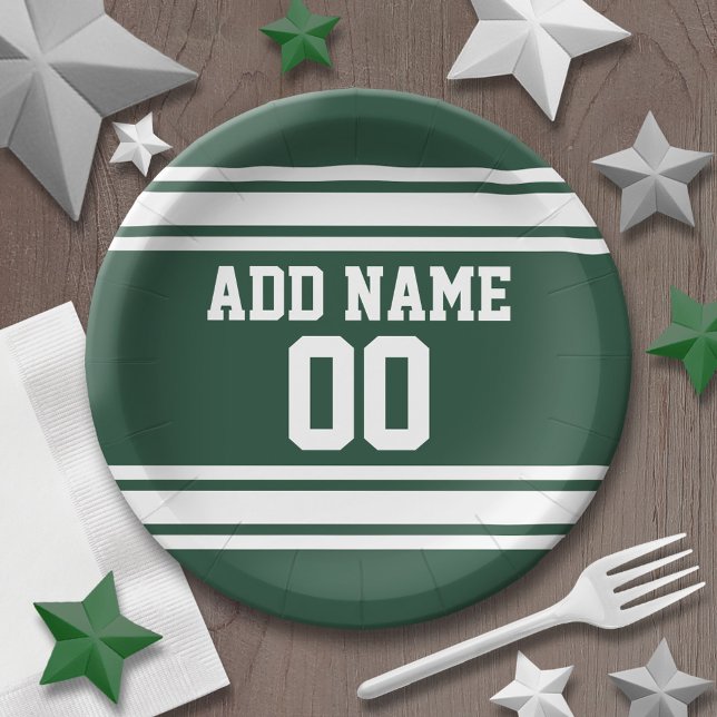 Plato De Papel Jersey deportivo de rayas verdes y blancas persona (Personalized party plates - sports theme for birthday or any occasion)