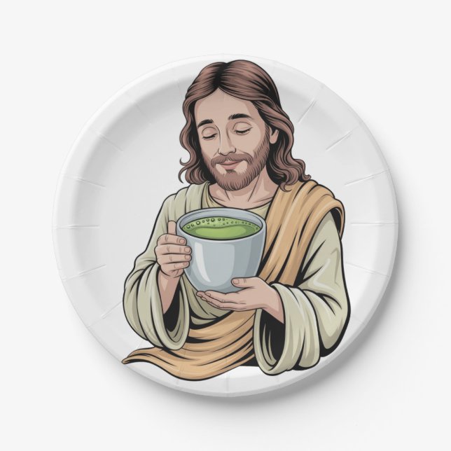 Plato De Papel Jesús bebiendo matcha cristiano  (Anverso)