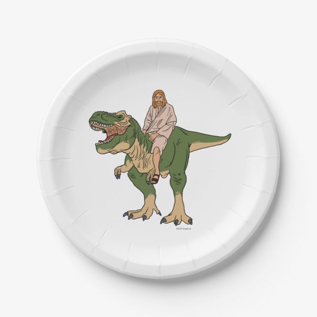 Plato De Papel Jesus Riding T-Rex (Anverso)