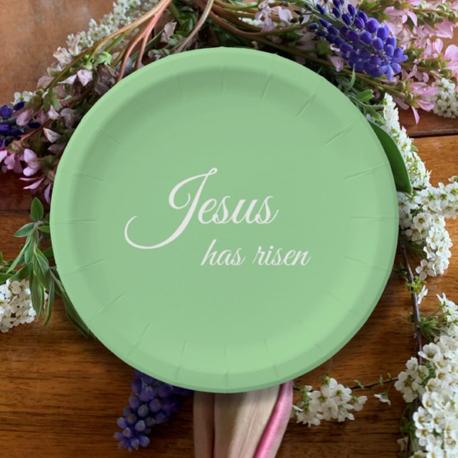 Plato De Papel Jesús Se Ha Levantado Elegante Pascua Verde Cristi (Jesus has risen custom elegant script on mint green paper plates. Easter Christian party table set.
)