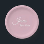 Plato De Papel Jesús se ha levantado pastel Pascua Cristiana Rosa<br><div class="desc">"Jesús se ha levantado" escrito en elegante escritura blanca añadirá inspiración de fe a tu mesa de Pascua. Estos platos de escritura modernos y simples de color rosa claro se verán muy bien en tu mesa de Pascua. El color rosa pastel es sólido, tomado de la fotografía floral primaveral. Añade...</div>