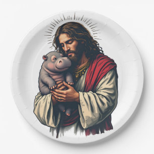 Plato De Papel Jesús sostiene a un bebé Moo Deng Hippo