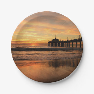 Plato De Papel Jetty Over Ocean Beach Sunset