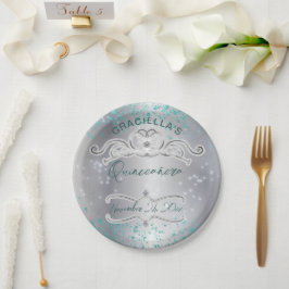 Plato De Papel Jewal Verde azulado de plata Tiara Quinceañera