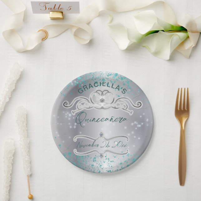 Plato De Papel Jewal Verde azulado de plata Tiara Quinceañera (Boda)