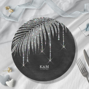 Plato De Papel Jewel Palm Leaf Boda Silver ID830