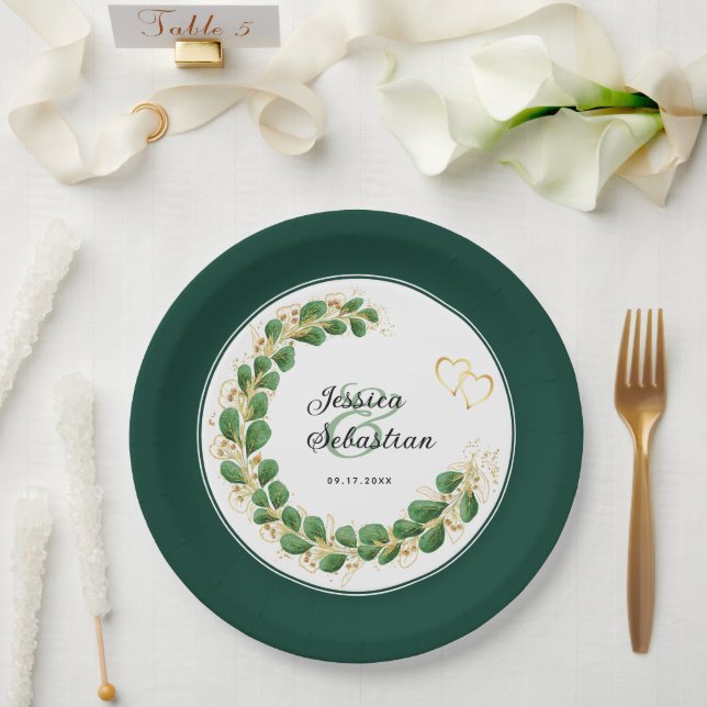 Plato De Papel Jewel Tone Emerald Green & Gold Eucalyptus Boda (Boda)
