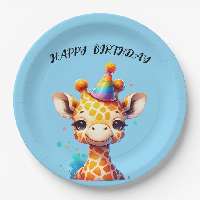 Plato De Papel jirafa bebé con sombrero de fiesta cumpleaños (Anverso)