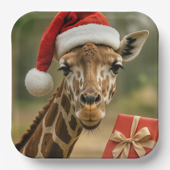 Plato De Papel Jirafa de Navidad con regalo navideño (Anverso)