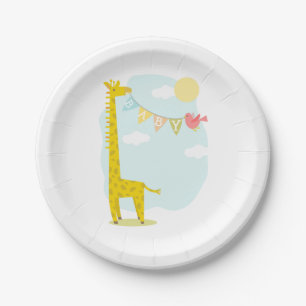Plato De Papel Jirafa + Neutral Baby Shower del pájaro