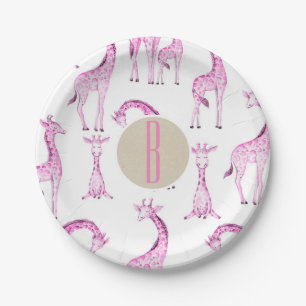 Plato De Papel Jirafas Rosadas Cumple de Bebé Monograma Letra Ini