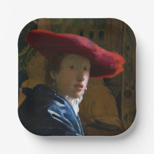 Plato De Papel Johannes Vermeer - Chica con un Gorra rojo