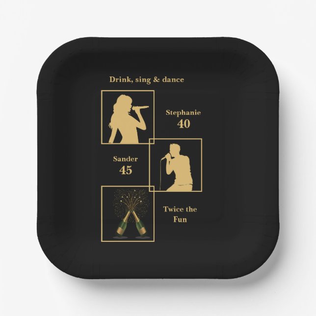 Plato De Papel Joint Birthday Double the Fun Black Gold (Anverso)