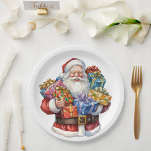 Plato De Papel Jolly Santa Claus en traje rojo tradicional