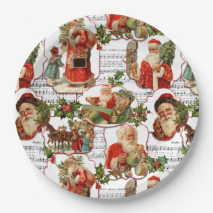 Plato De Papel Jolly Vintage Santa, Holly y Music Collage