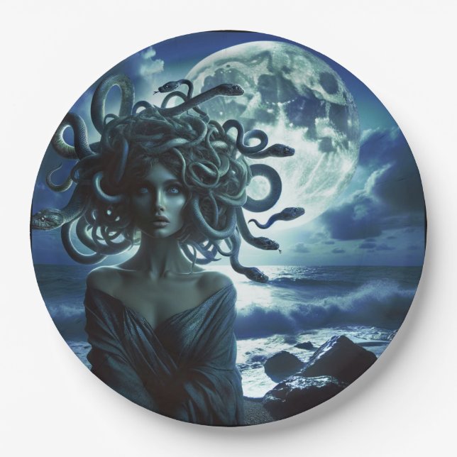 Plato De Papel Joven Bonito Medusa por la luna y el océano (Anverso)