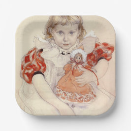 Plato De Papel Joven Chica con muñeca (arte infantil)