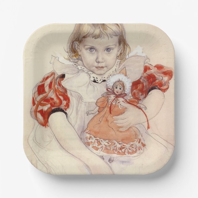 Plato De Papel Joven Chica con muñeca (arte infantil) (Anverso)