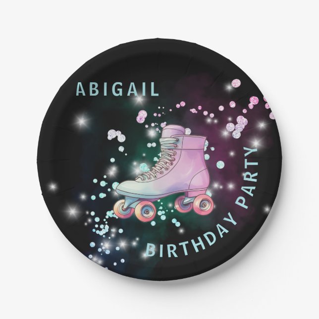 Plato De Papel Joven Chica Roller Patinaje Black Birthday Party (Anverso)