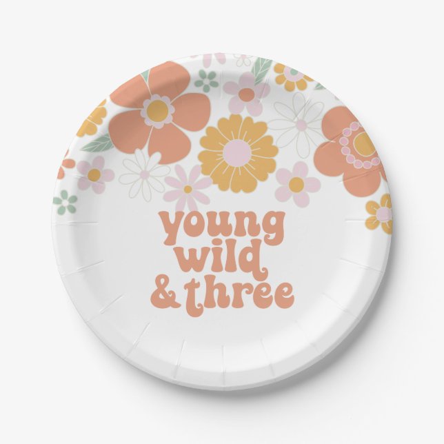 Plato De Papel Joven cumpleaños Wild Three Retro Floral (Anverso)