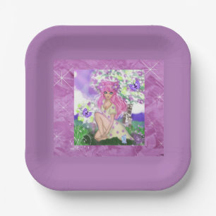 Plato De Papel Joven de moda con flores y placas de Fiesta de pap
