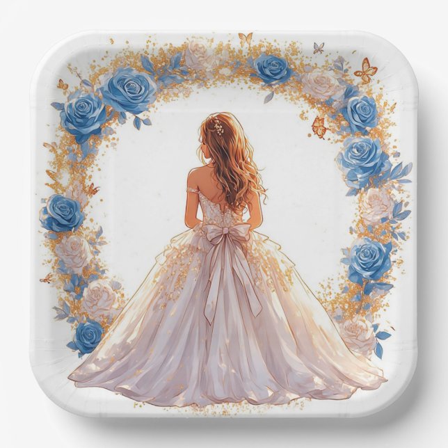 Plato De Papel Joven elegante con vestido formal (Anverso)