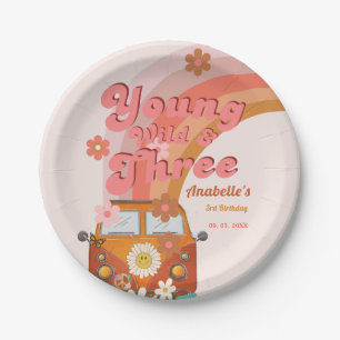 Plato De Papel Joven Groovy Wild y tres Van Daisy de color rosa