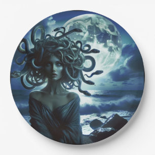 Plato De Papel Joven hermosa Medusa por la Luna y el Océano
