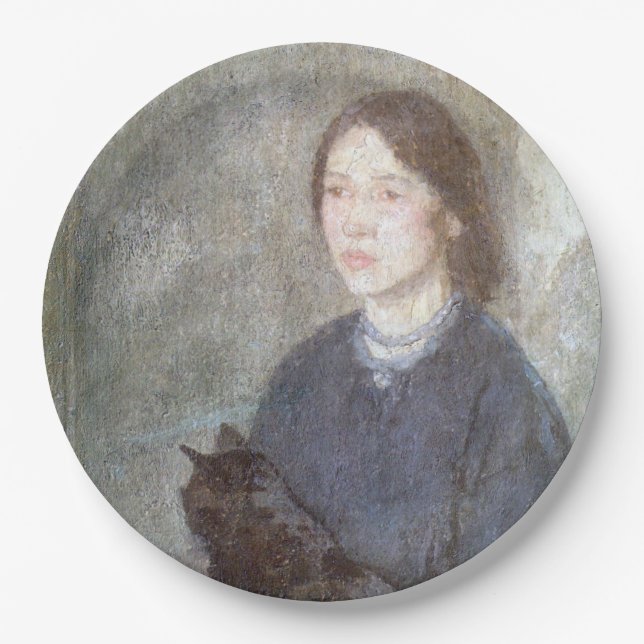 Plato De Papel Joven sosteniendo un gato negro (de Gwen John) (Anverso)