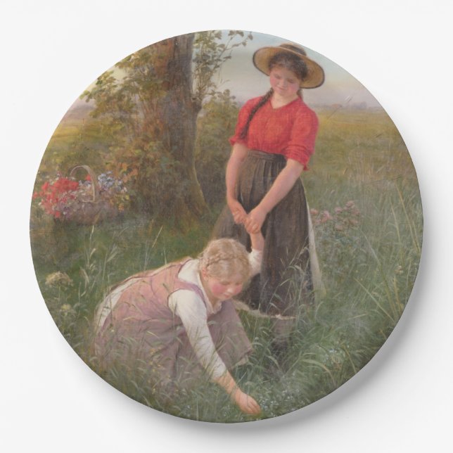 Plato De Papel Jóvenes Chicas recogiendo flores (Anverso)