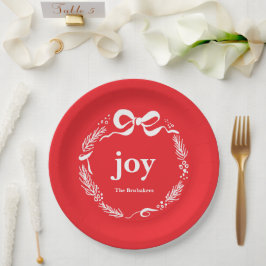 Plato De Papel Joy Custom Red Modern Whimsical Bow Christmas