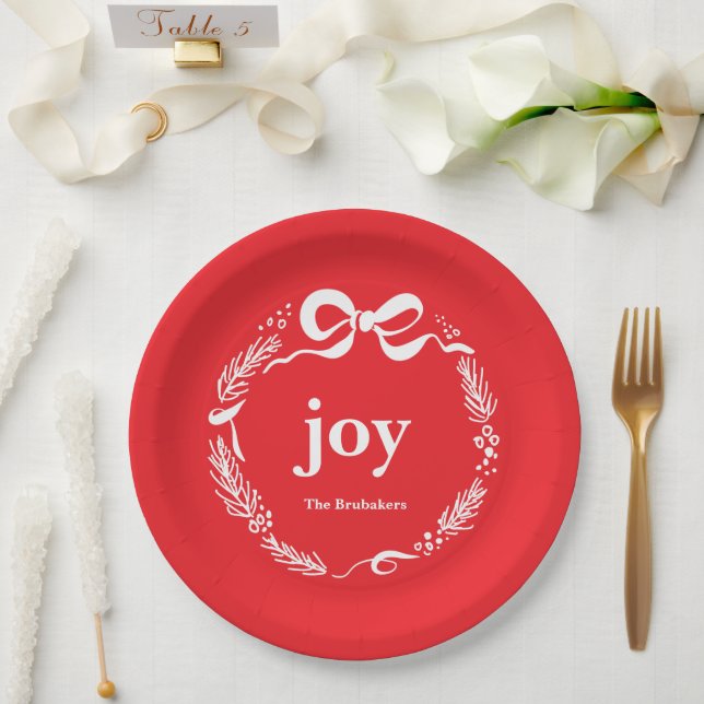 Plato De Papel Joy Custom Red Modern Whimsical Bow Christmas (Boda)