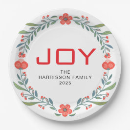 Plato De Papel Joy Floral Christmas Wreath Family Custom Name